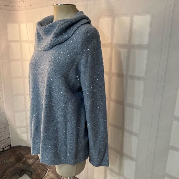 Chico's Gray Fold-Over Cowl Neck Sequined Pullover Sweater Size Large - Picture 3 of 11